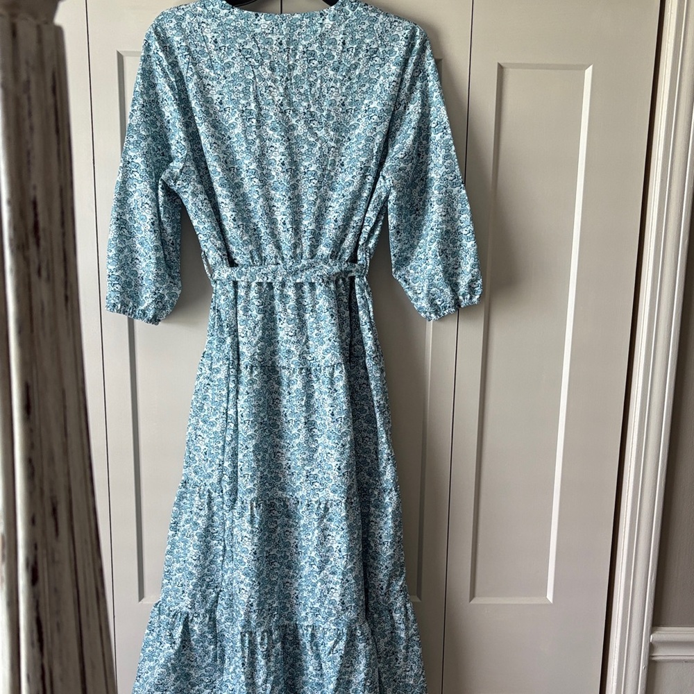 Light Blue Floral Midi Dress with Waist Tie - Picture 4 of 4